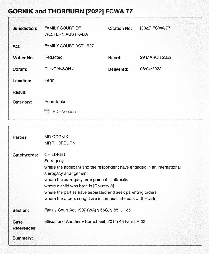 Family court WA decision of surrogacy snapshot