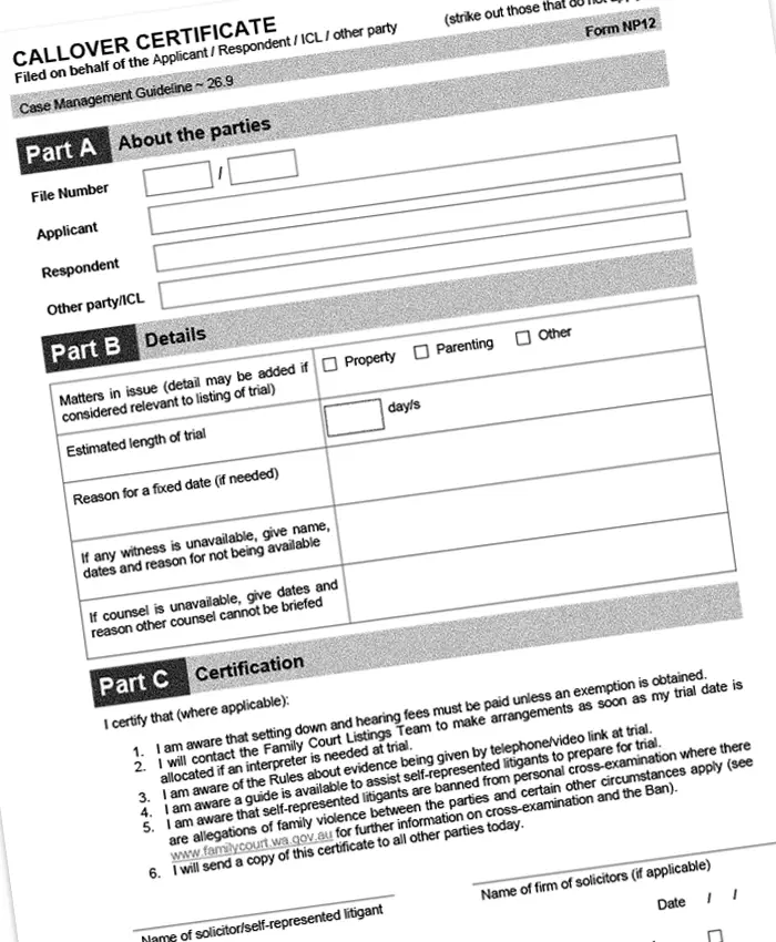 family court callover certificate form